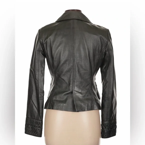 Vintage Cache Black Leather Jacket Full Zip 90s Y2k Soft Women’s 10 Short Fitted - Picture 2 of 9